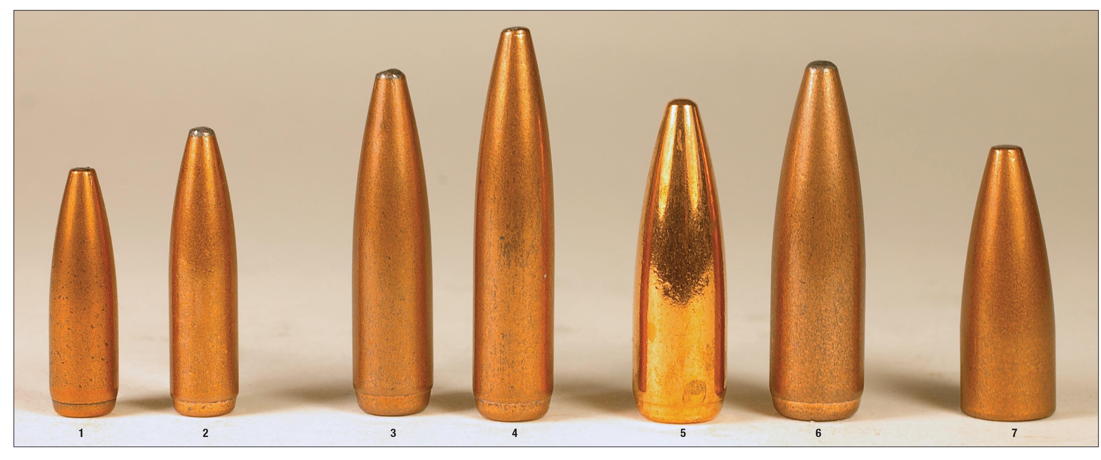 These Speer Gold Dot rifle bullets were handloaded in several different cartridges from .223 Remington to the 7.62x39. They include .22-caliber (1) 62- and (2) 75-grain examples, 6.5mm (3) 120- and (4) 140-grain bullets, .30-caliber (5) 150- and (6) 168-grain examples and a .30-caliber (.310 inch) (7) 123-grain bullet.